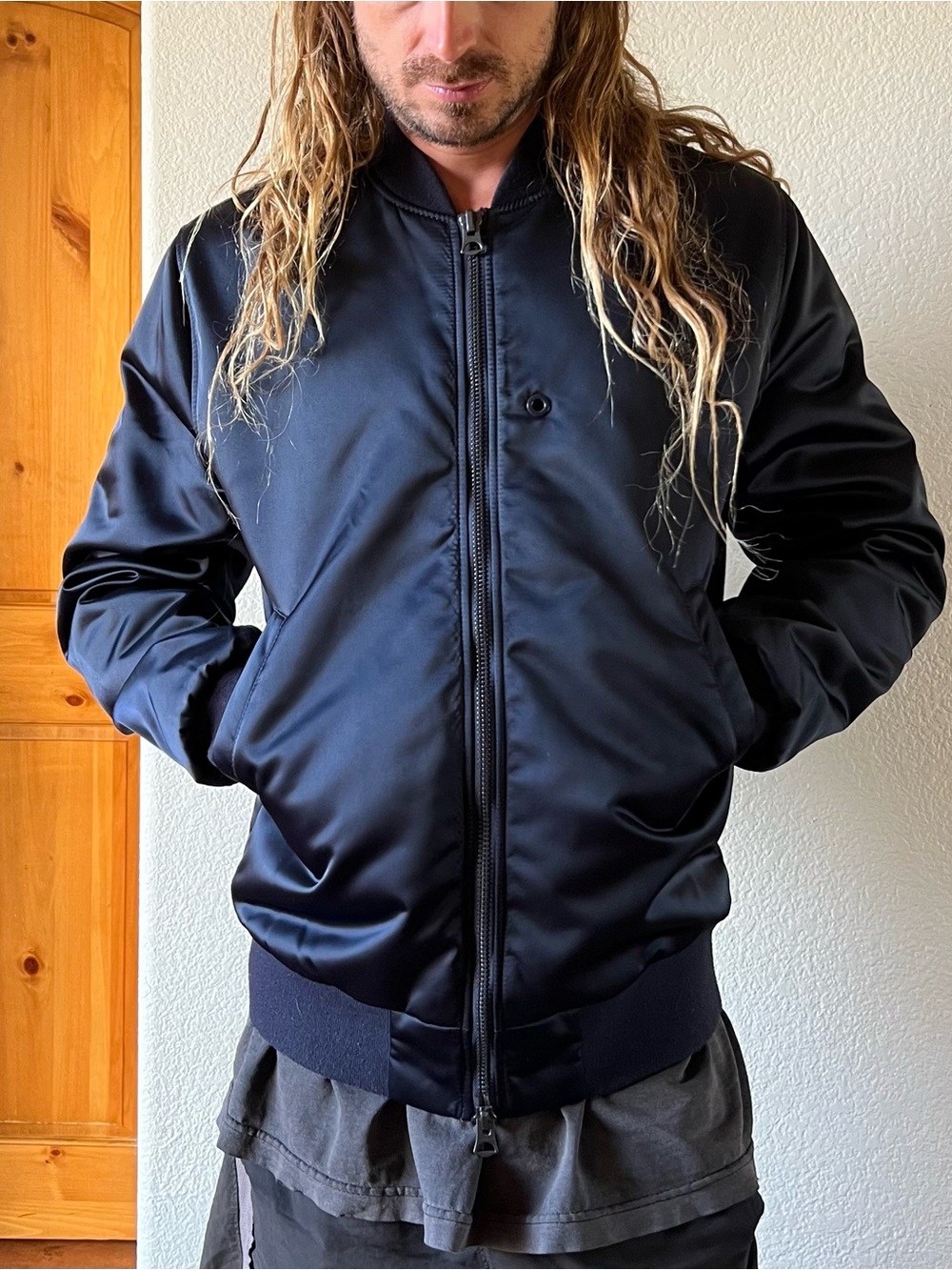 Acne Studios Navy Mylon Matt Bomber Jacket